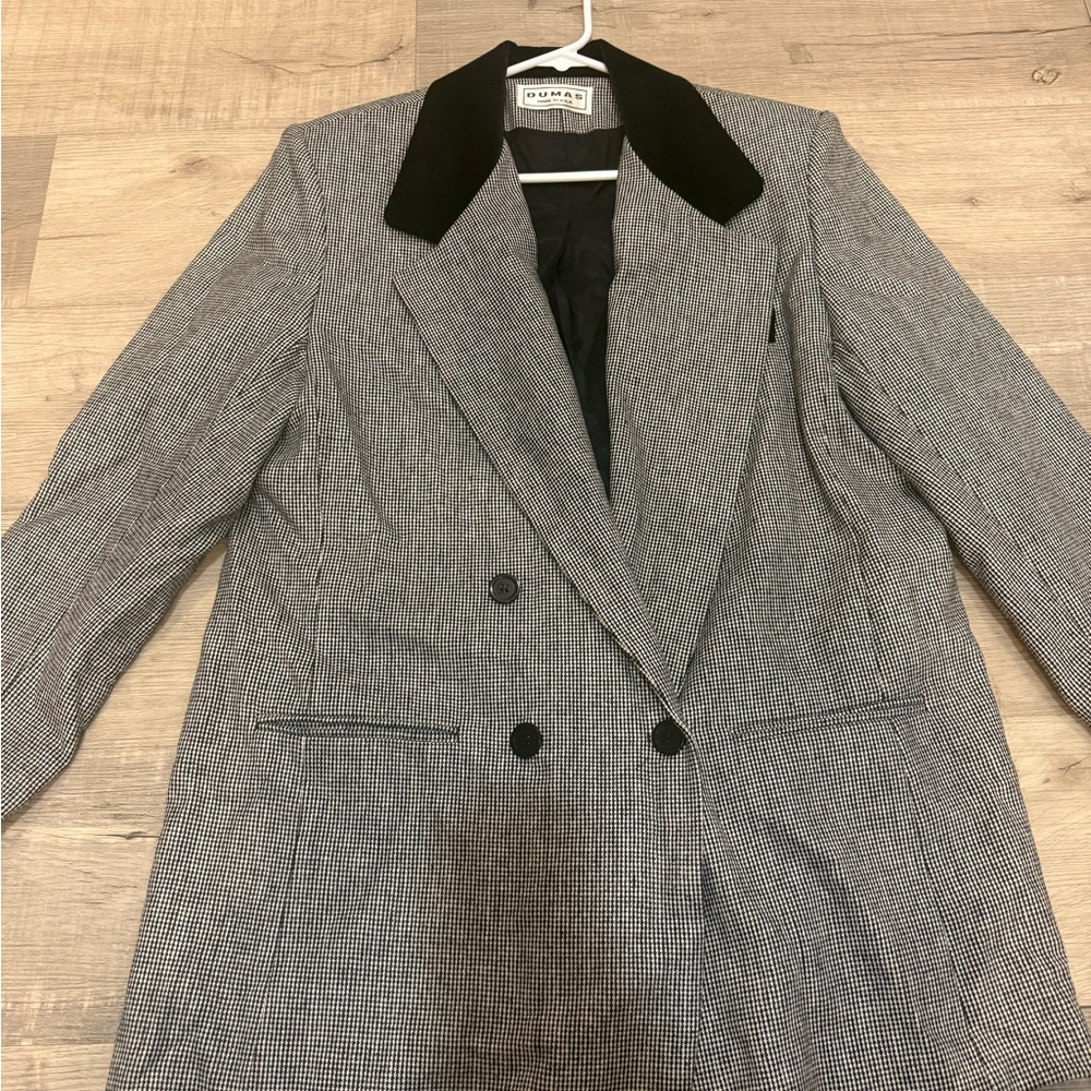 Vintage Dumas Double-Breasted Houndstooth Blazer Velvet Collar‎ 80s Wool Jacket